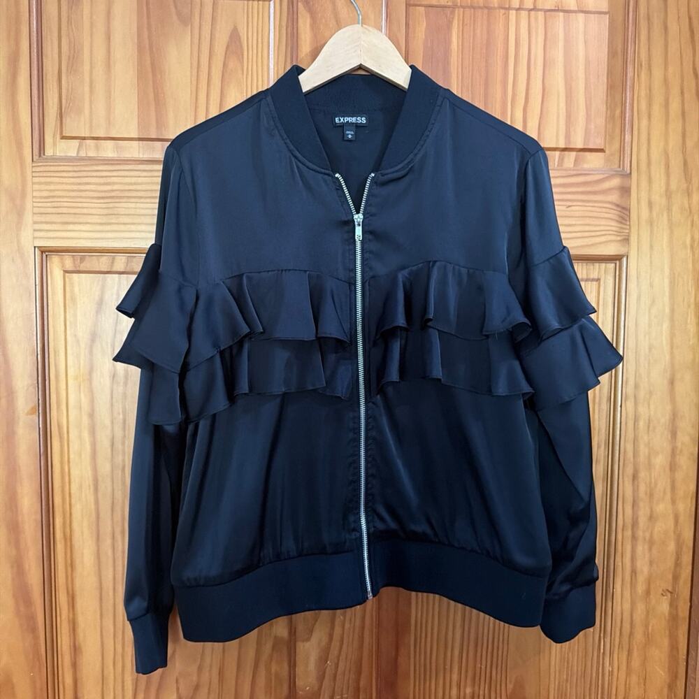 Express Black Ruffle Light Bomber Jacket Size M